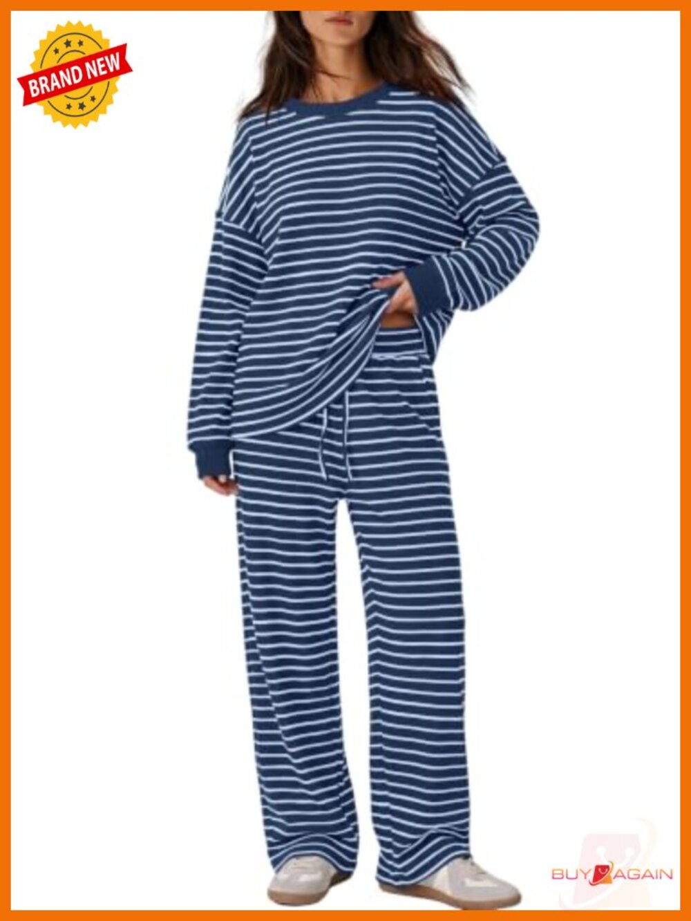 Waffle Knit Matching Lounge Set Striped Long Sleeve Two Piece Fall